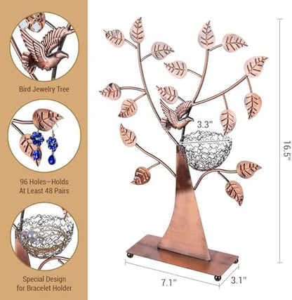 MyGift Bronze Jewelry Tree Stand with Bird Nest, Holds 48 Pairs of