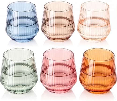 Colored Stemless Wine Glasses Set of 6, 12.5 Oz Ribbed Wine