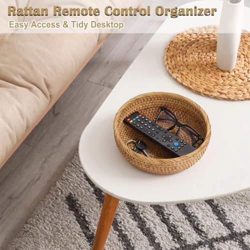 BTSKY 9.3" Round Rattan Remote Basket, Wicker Tray, Key Bowl for Home
