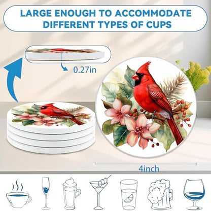 Cardinal Coasters Set of 4, Absorbent Ceramic Stone Coasters with Cork