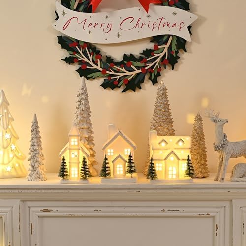 Ceramic White Christmas Village Houses, Light Up Porcelain Village