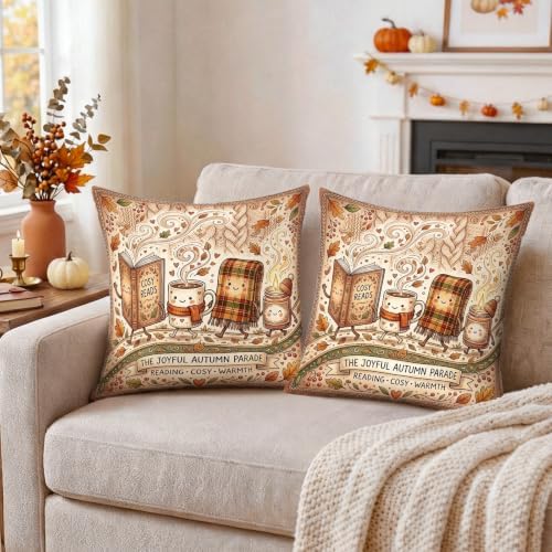 Cozy Autumn Reading Animated Objects Throw Pillow Covers 22x22 Set of