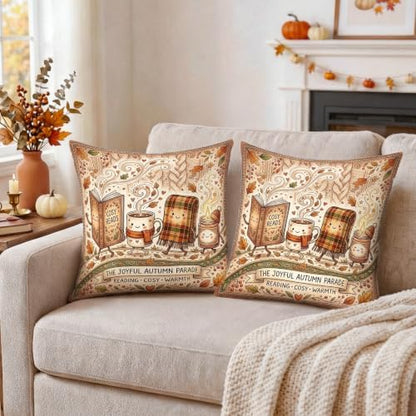 Cozy Autumn Reading Animated Objects Throw Pillow Covers 22x22 Set of