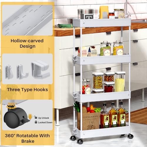 SPACEKEEPER Slim Rolling Storage Cart, 4 Tier Bathroom Cart Organizer