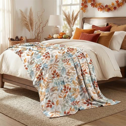 Horaldaily Fall Orange Blue Watercolor Leaves Flannel Throw Blanket