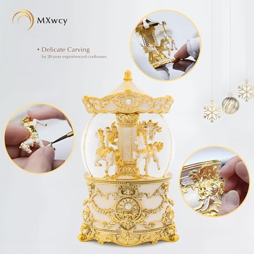 Carousel Music Box Gold & Ivory Christmas Snow Globes, 8.3" Rotate