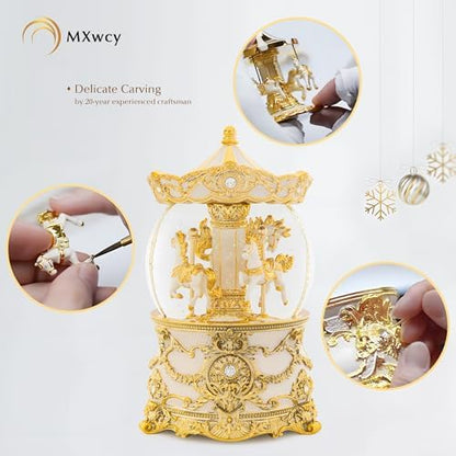 Carousel Music Box Gold & Ivory Christmas Snow Globes, 8.3" Rotate