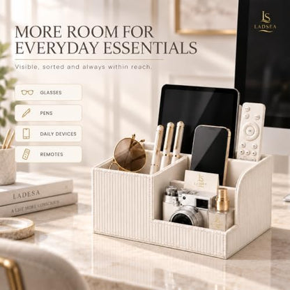 Pen Holder for Desk, 4-Compartment PU Leather Desk Organizer, Cream