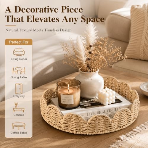 Scalloped Tray with Clear Acrylic Bottom, Round Woven Wicker Serving
