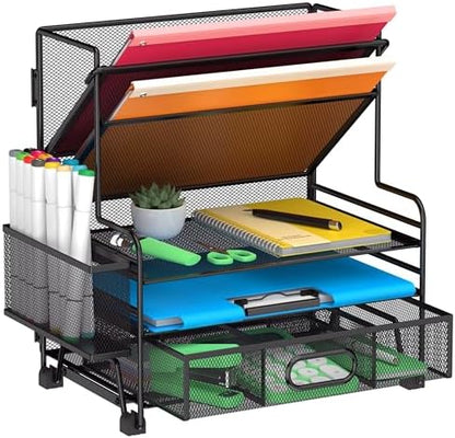 5 Tier Desk Organizer with Drawer & Pen Holders, Desk File Organizer
