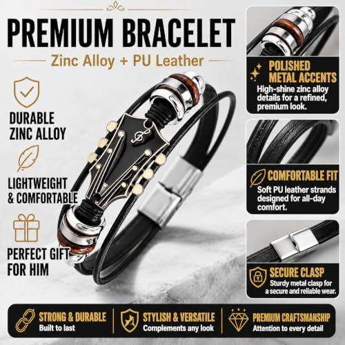 Retro Guitar Leather Bracelet for Man Women Unique Bead Braided