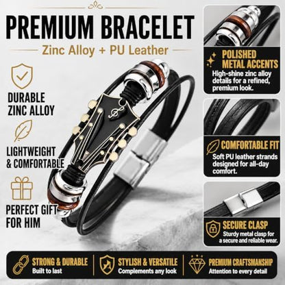 Retro Guitar Leather Bracelet for Man Women Unique Bead Braided