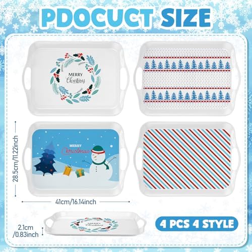 Bokon 4 Pcs Winter Xmas Serving Tray with Handle 16"x 11" Large