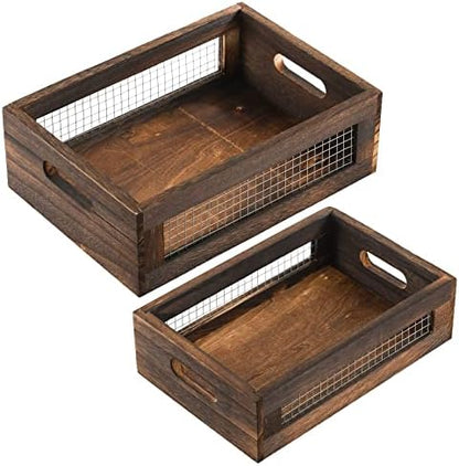 Dicunoy Set of 2 Rustic Nesting Boxes, Wooden Organizer Crates Basket