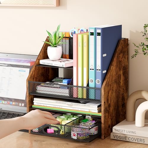 Homsorout Wooden Desk Organizer - Mesh File Organizer with Drawers and
