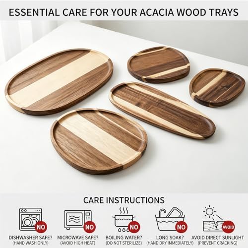 Okllen Set of 5 Small Acacia Wood Serving Platter and Trays, Irregular