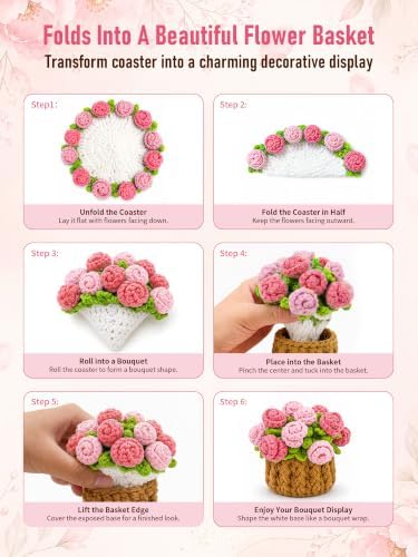 Crochet Flower Bouquet Coasters, Cotton Rose Gifts for Home Decor 1Pc