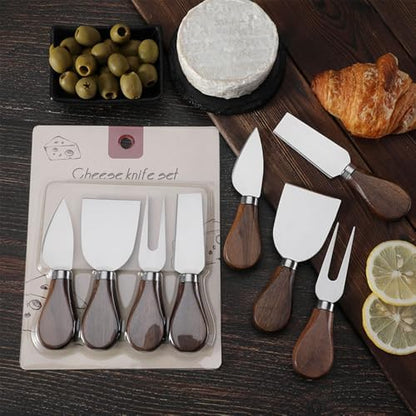 Linwnil 4-Piece Set of Stainless Steel Cheese Knives with Wood Hand