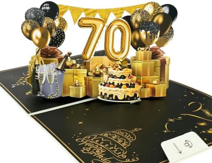 70th Birthday Pop Up Card, Elegant Black Gold 3D Design