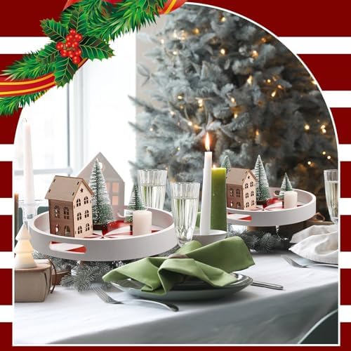 Christmas Serving Tray with Handles Xmas Round Wooden, Candy Cane