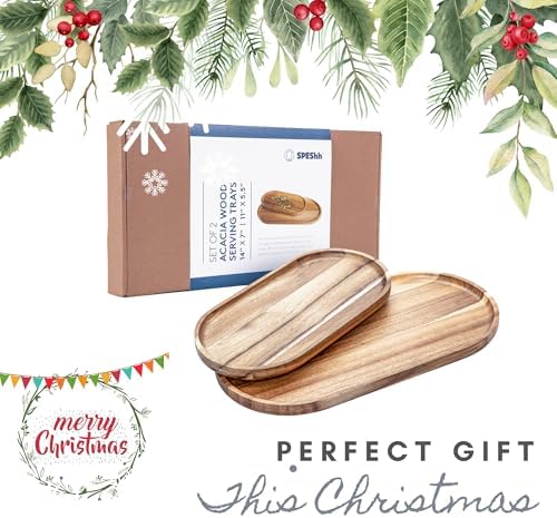 Acacia Wooden Serving Trays Set of 2 - Rectangular Oval Shaped Wood