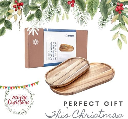 Acacia Wooden Serving Trays Set of 2 - Rectangular Oval Shaped Wood