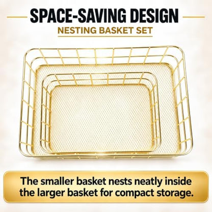 2-Size Gold Metal Wire Basket Tray, Countertop & Desk Organizer for