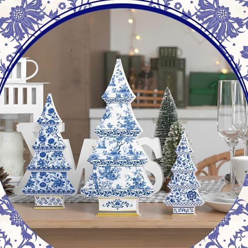 3 Pcs Chinoiserie Christmas Tree Decor Blue White Wooden Decor