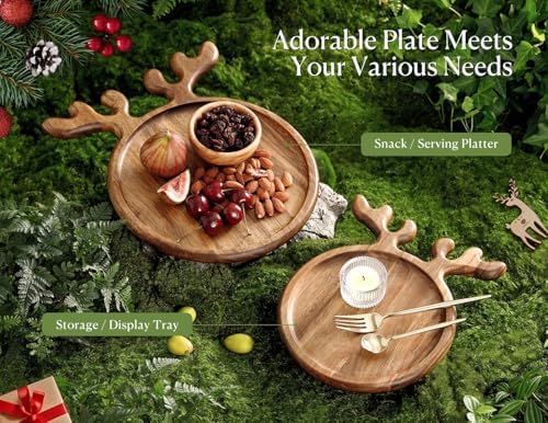 Acacia Wood Serving Platter, Christmas Decorative Reindeer Antler