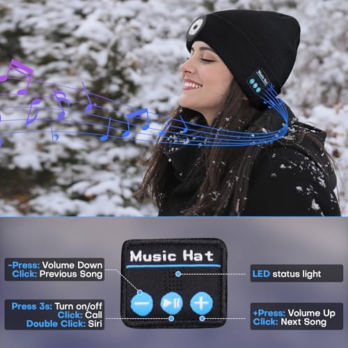 Bluetooth Beanie with Light, USB-C Charging 5 LED Flashlight Hat