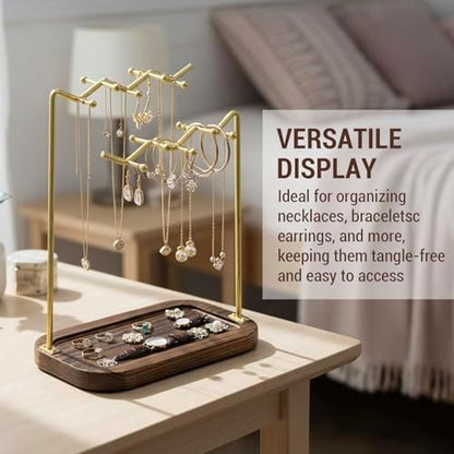 MyGift Rustic Solid Wood & Brass Tone Metal Tabletop Jewelry Organizer