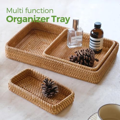 Rattan Serving Tray,Rectangle Wicker Storage Basket Set of 3 for