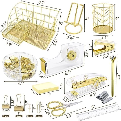 Gold Office Desk Organizers, 13PCS Office Supplies and Accessories
