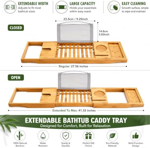 Bamboo Bathtub Caddy Tray with Book/Tablet & Wine Glass Holder