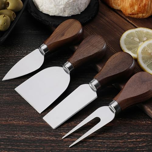 Linwnil 4-Piece Set of Stainless Steel Cheese Knives with Wood Hand