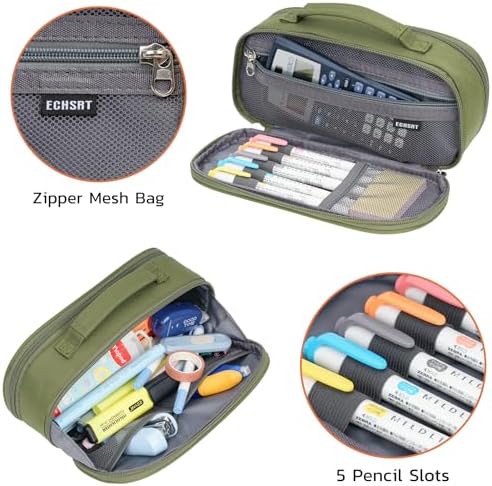 ECHSRT Large Tactical Pencil Case, 3-Compartment Zipper Pouch, Olive