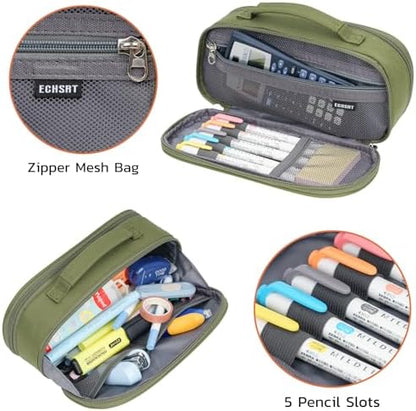ECHSRT Large Tactical Pencil Case, 3-Compartment Zipper Pouch, Olive
