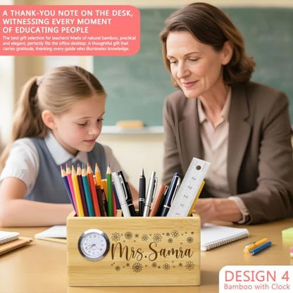 Teacher Appreciation Gifts, Personalized Pen Holder, Solid Wood Desk