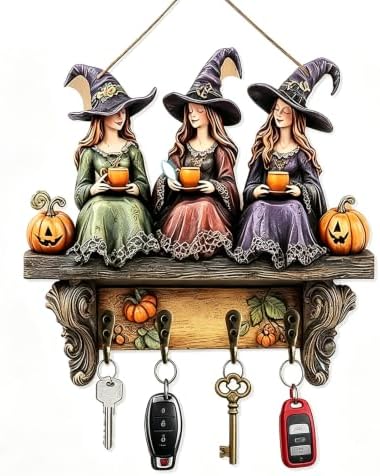 Halloween Witch Key Holder Wall Mount,2D Wooden Wall Decor with 4