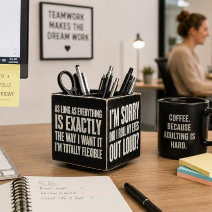 Outus Wooden Rotating Pen Holder Funny Quote Desk Organizer,Black