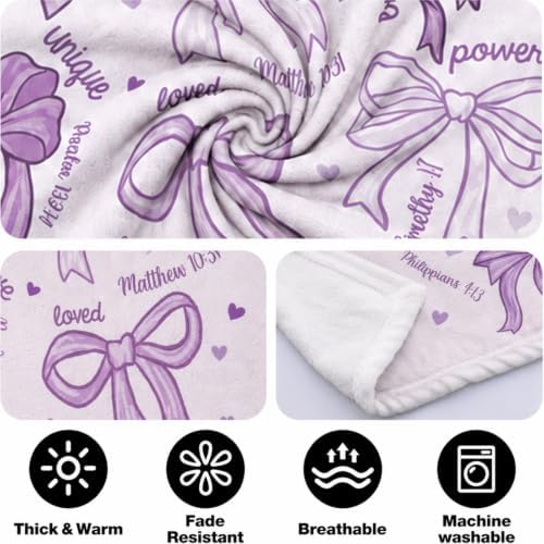 Purple Bow Christian Throw Blanket, Religious Flannel Blanket Gift