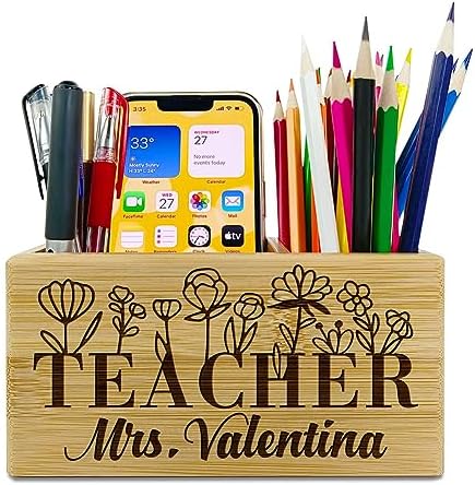 Teacher Appreciation Gifts, Personalized Pen Holder, Solid Wood Desk