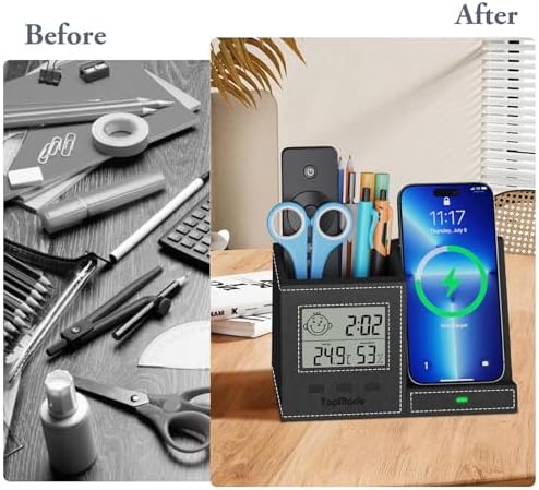 Pen Holder with Wireless Charger, Led Screen Desk Caddy with Digital
