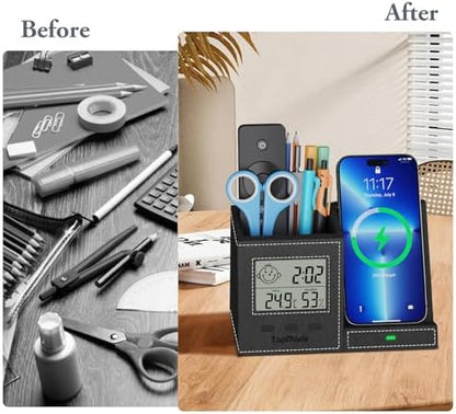 Pen Holder with Wireless Charger, Led Screen Desk Caddy with Digital