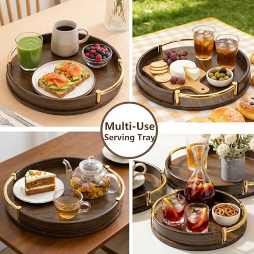 12-Inch Round Bamboo Serving Tray with Handles, Dark Brown Wooden