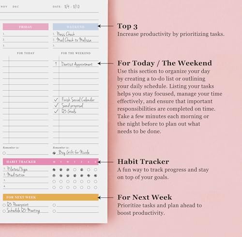 ThreeKin Weekly Planner - Premium 52-Sheet Tear-Off Notepad