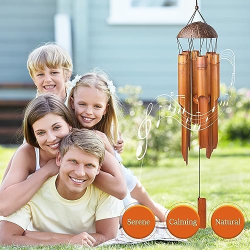 38" Bamboo Wind Chimes, 6 Pipes Handcrafted Wooden Outdoor Decor