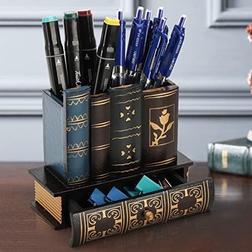 Tosnail Decorative Pen Holder with Storage Drawer, Wooden Pencil