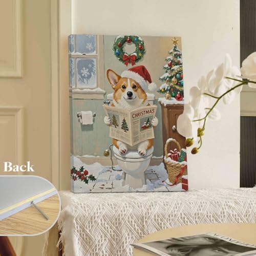 STHTTSW Christmas Dog Bathroom Wall Art, Cute Corgi on Toilet Canvas