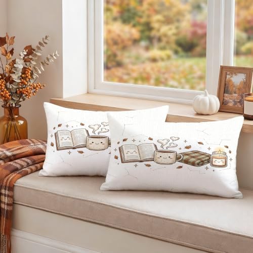 Cozy Autumn Reading Theme Book Throw Pillow Covers 12x20 Set of 2